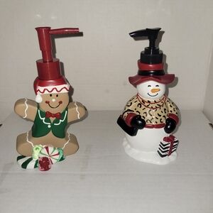 Festive Gingerbread and Snowman Soap Dispensers. 7 1/2 Inches Tall Each.
